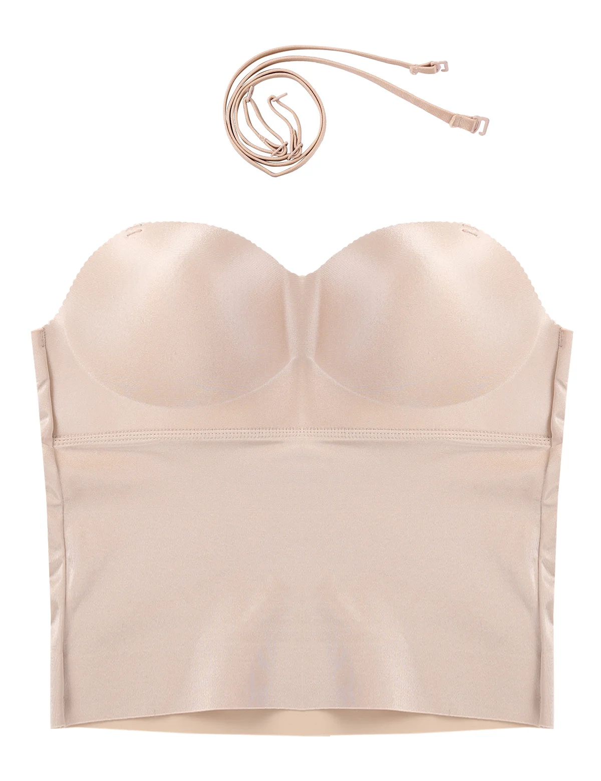 Women Smooth Strapless Padded Push Up Tummy Control Longline Bra Bustier Top with Detachable Adjustable Spaghetti Shoulder Strap