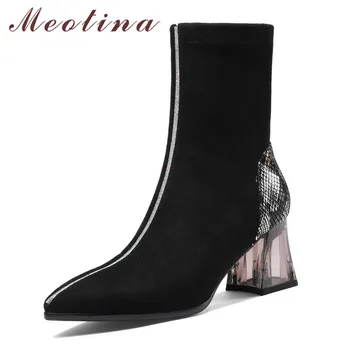 

Meotina Winter Ankle Boots Women Natural Genuine Leather Crystal Thick High Heel Short Boots Mixed Colors Zipper Shoes Ladies 39