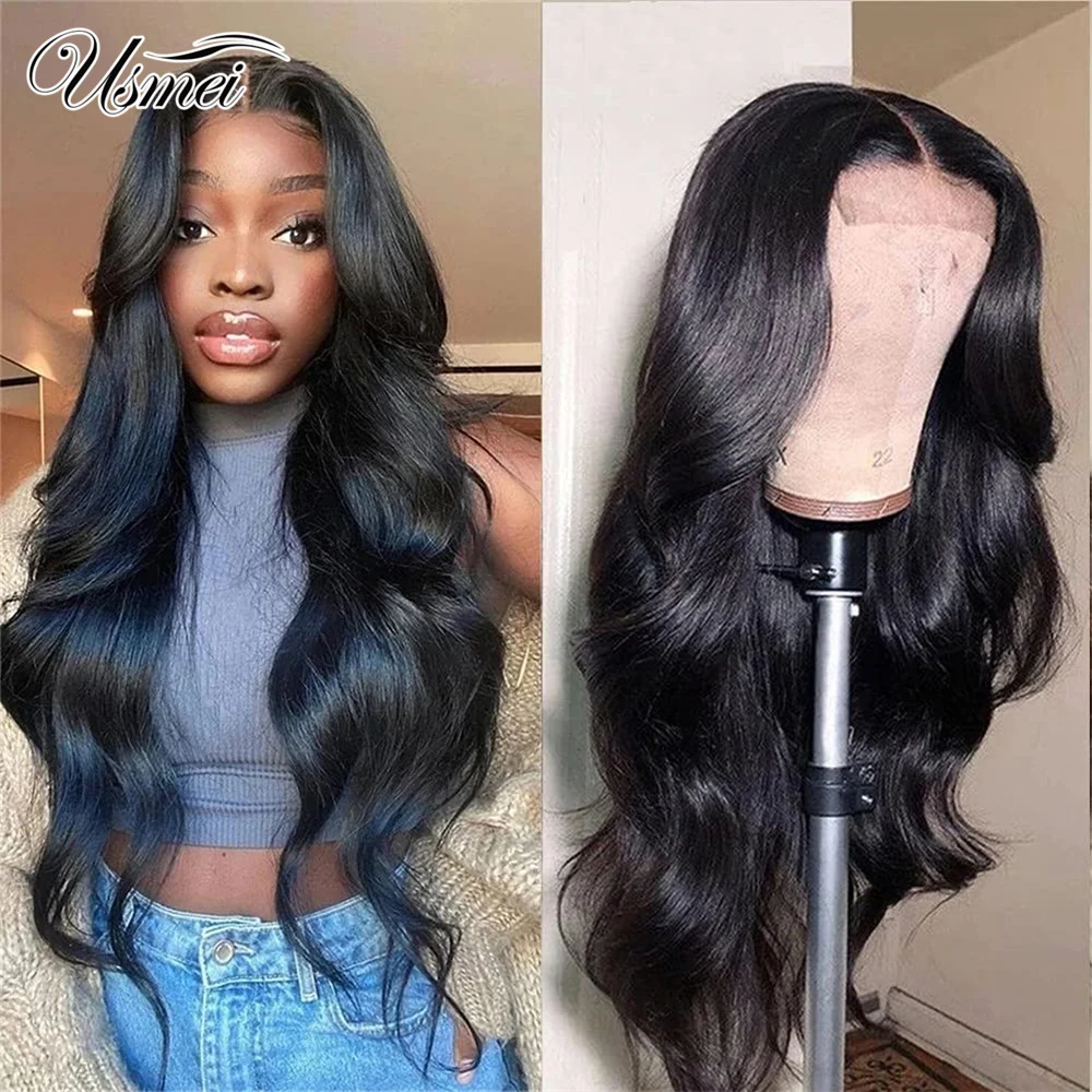 Dianteira do Laço Sintético da Onda do Corpo de Usmei Parte do Fechamento do Laço Natural com Cabelo do Bebê Peruca Glueless Perucas Pre-arrancadas Linha Fina Preto t 1 do corpo de usmei glueless t parte