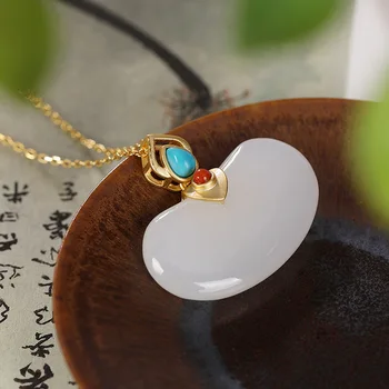 

Yiluyin S925 pure silver natural Hetian jade white jade personality Fudu high grade lady inlaid Pendant with chain link