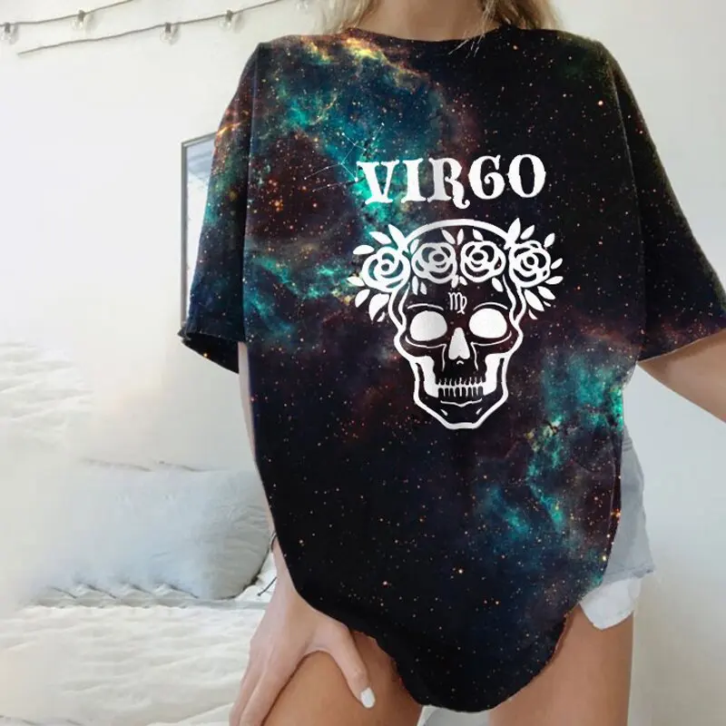 Capricorn Star Sky Print T-shirts Woman Summer Casual Loose Graphic Gothic Letter Short Sleeve O Neck Y2k Harajuku Shirt Tee Top t shirt oversize Tees