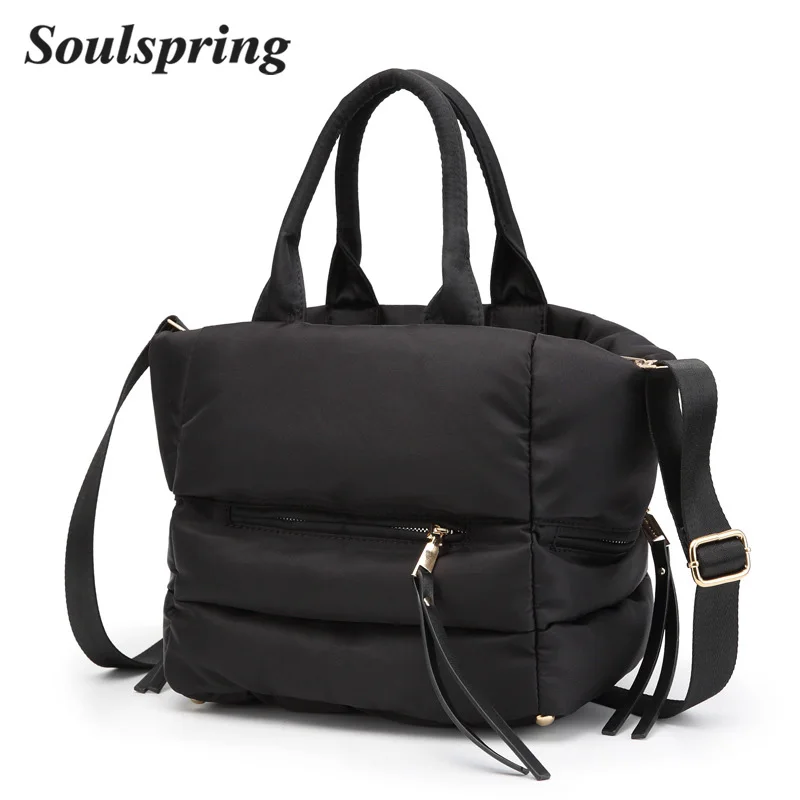 

New Genuine Leather Winter Handbag Woman Cotton Tote Bag Down Feather Padded Ladies Feather Soft Women Shoulder Bag Bolsos Mujer