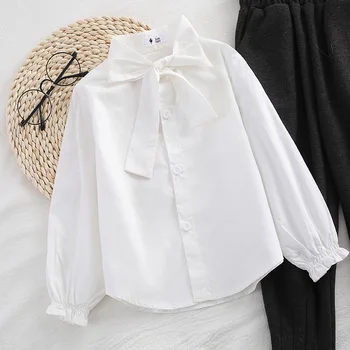 

Kids School Uniform Cotton Baby Girls Clothes Bow Collar Full Sleeve White Blouses & Shirts Girls Top 2-9Y RT676