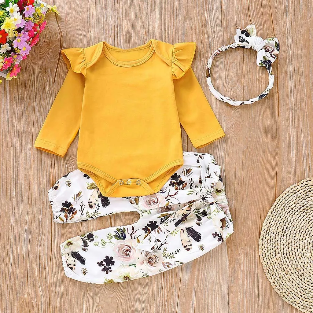 Romper Jumpsuit Bodysuit Floral Pants Set 3PCS Baby Girl Clothes Infant Outfit 