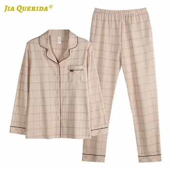 

Front Pocket Long Sleeve Long Pants Sleepwear Fashion Style Casual Style Front Pocket 100% Cotton Plaid Printing Woman Clothes