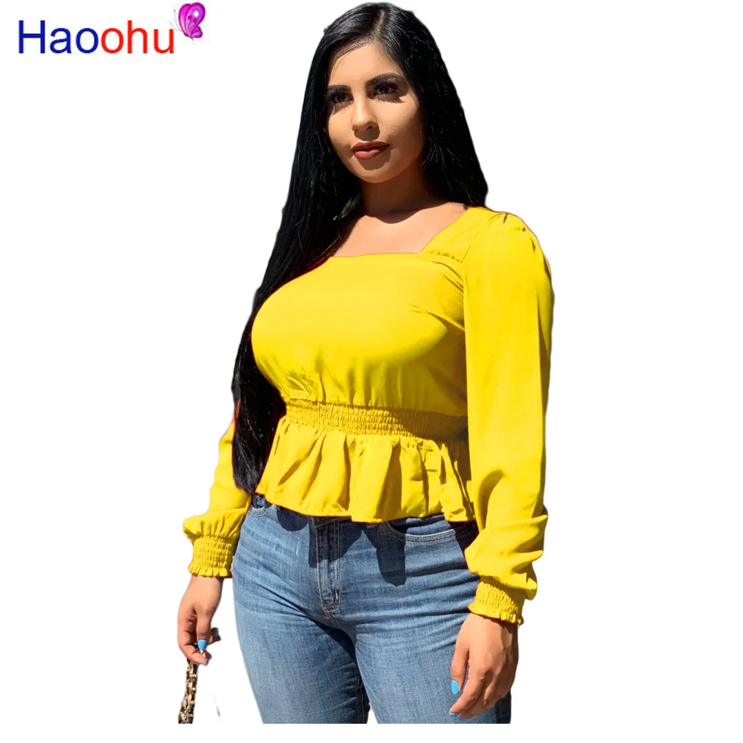 

HAOOHU Solid Ruffles Sexy Cross O Neck Women Long Sleeve Knittied Autumn Winter slim Top