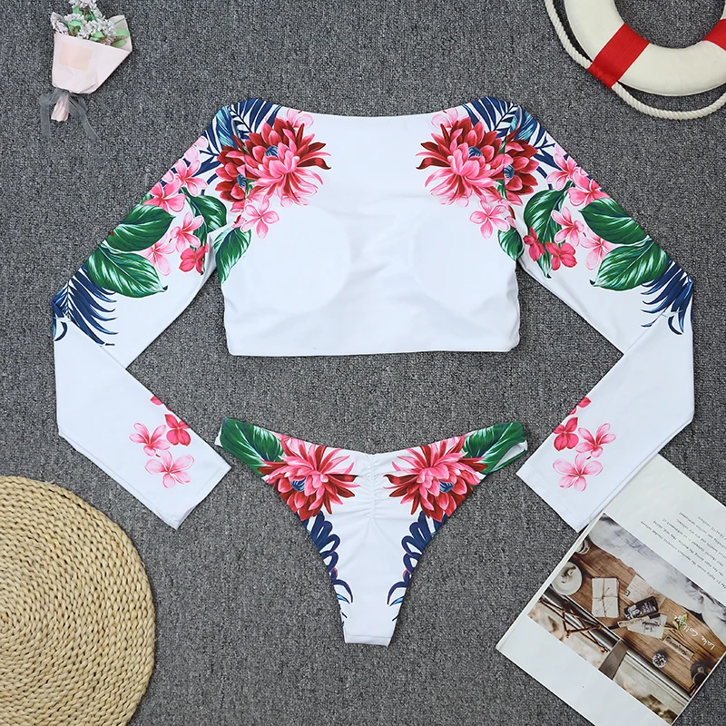 bikini shorts set 2021 Sexy Long Sleeve Bikinis Set Women Swimsuit Flower Print Push Up Padded Bathing Suits Beachwear Brazilian Biquini Female bikini shorts set