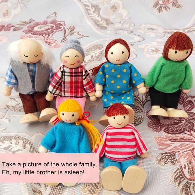7Pcs/Set Cartoon Miniature Family Wooden Movable Jointed Doll Parent-child Toys Children Kids Gift Muppet Pretend Toys 5