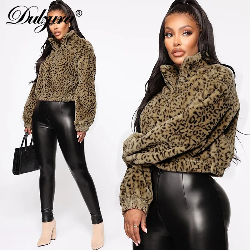 Cena Dulzura leopard lambswool teddy sweter damski bluza crop top z suwakiem casualowe w stylu streetwear 2019 jesienne zimowe ubrania grube