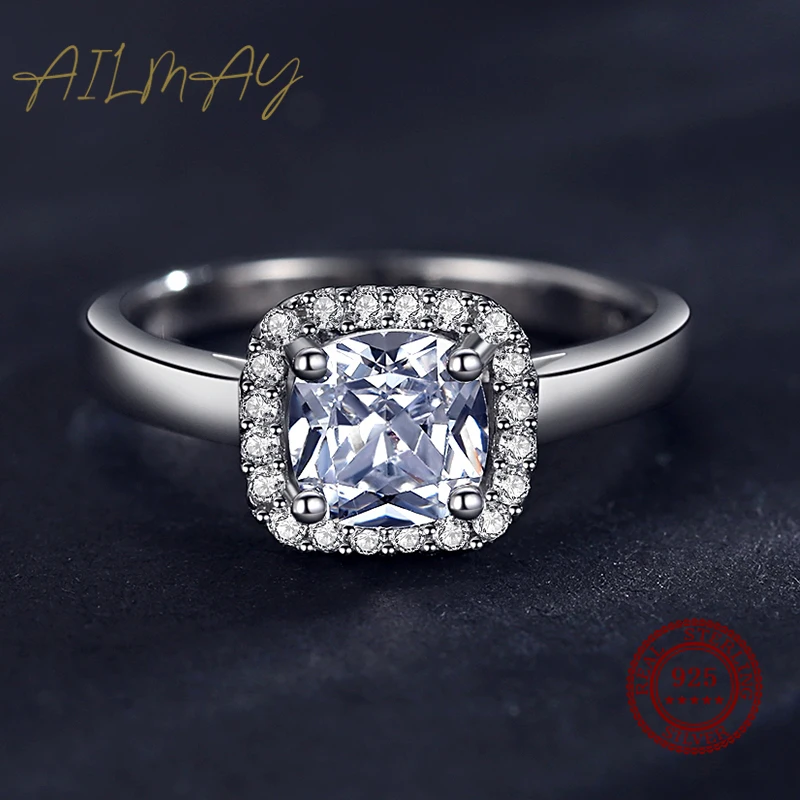 Silver Rings 925 Sterling Silver Simple Square Clear CZ Charm for Women