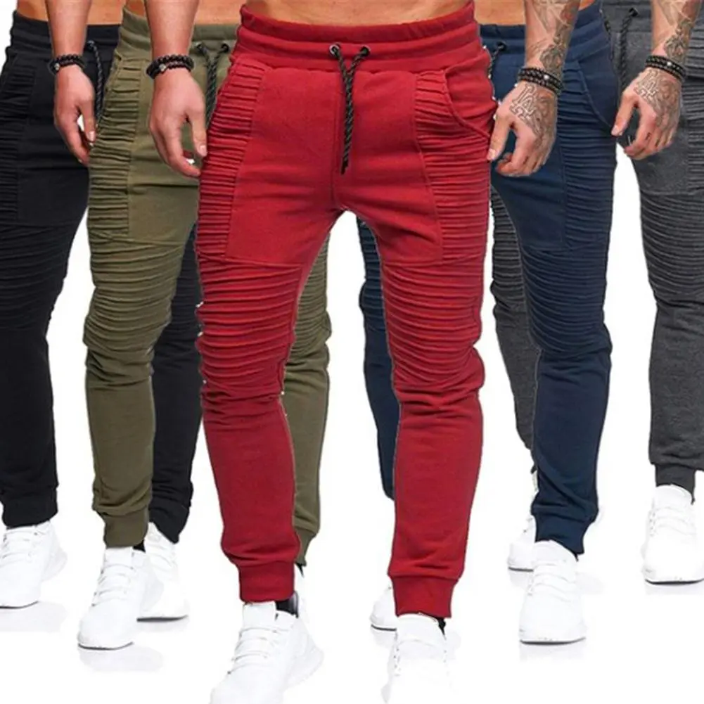 Moda męska Solid Color sznurkiem w pasie sportowe plisowane spodnie spodnie w pasie sportowe plisowane spodnie spodnie