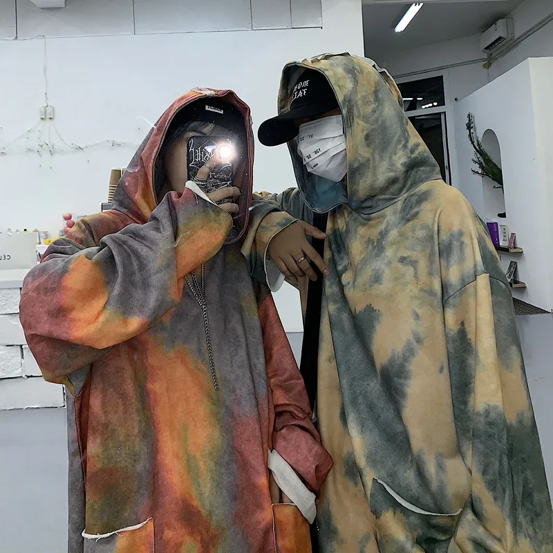 Негабаритных Harajuku уличная граффити галстук краситель контраст с капюшоном карман Толстовка пуловер Толстовка для женщин мужчин панк хип хоп тонкая футболка