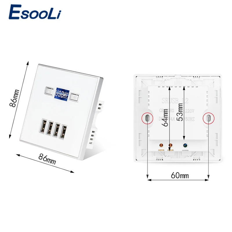 Esooli 4-портовый розетка с USB настенное Зарядное устройство адаптер розетка стандарта евроcоюза Мощность выход Панель электрическое настенное зарядное устройство адаптер для зарядки