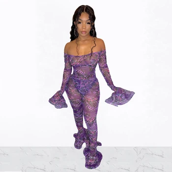 

Women Sexy Flare Long Sleeve Slash Neck Slim Jumpsuits Mesh See Though Paisley Print Rompers Club Night Party Bodycon Jumpsuit