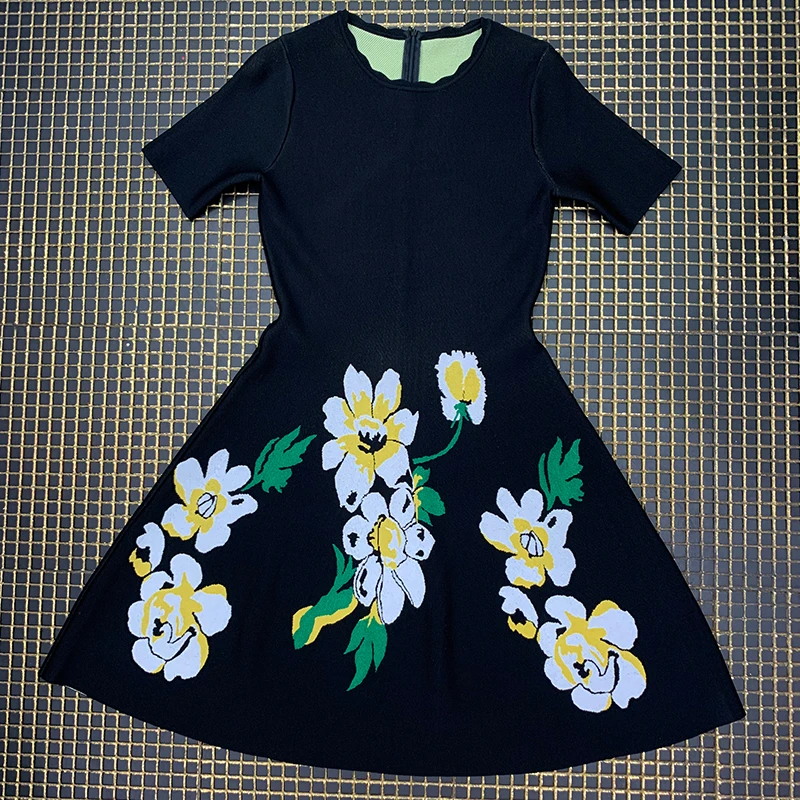 Jacquard dress Women black High Quality Elegant A-line girl Knee-length O-Neck short sleeve Celebrity evening party bodycon new