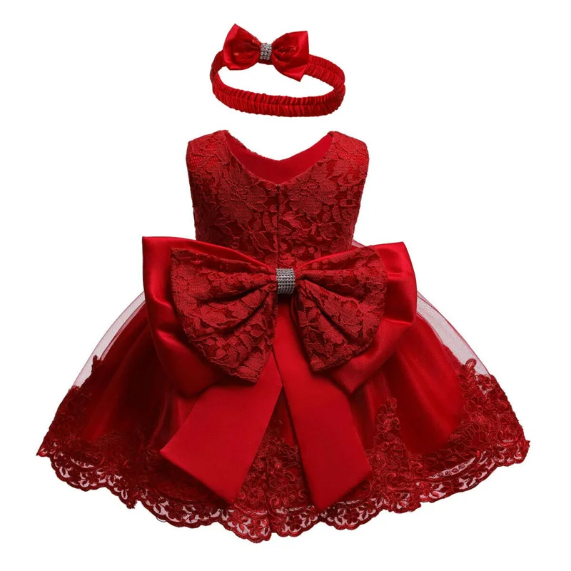Кружевное платье-пачка с цветочным узором для маленьких девочек пышное платье принцессы для дня рождения и свадьбы бальное платье с бантом - Цвет: Красный