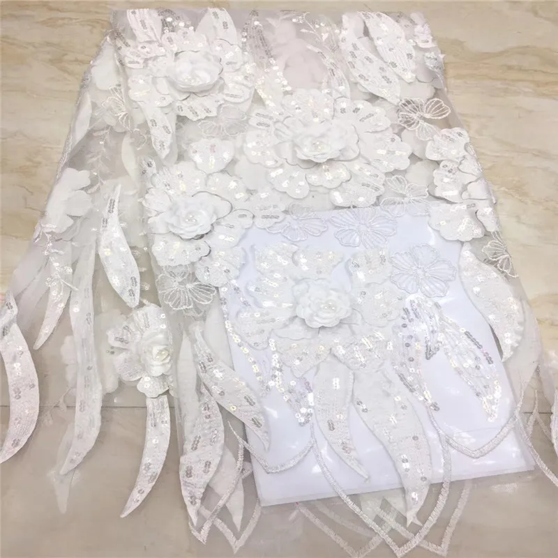 

NEW High Quality 2019 Tulle sequins Beaded French Nigerian Lace Fabrics Pearls Embroidered Guipure African 3d Lace Fabric White