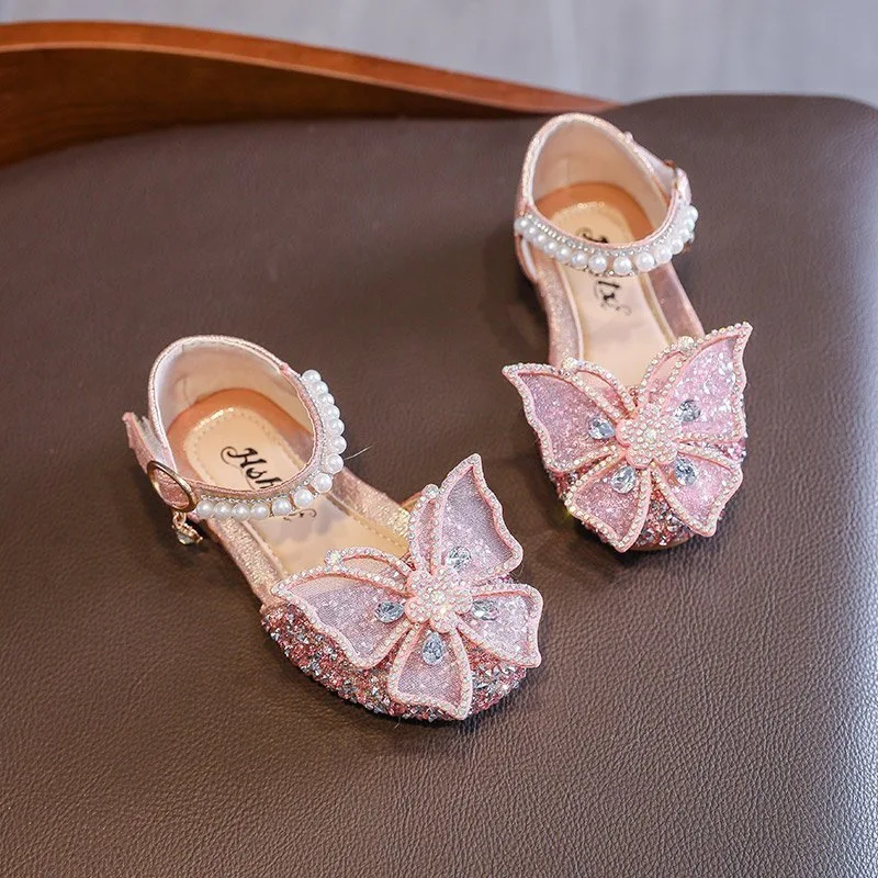 Fashion Style Baby Girl Bow Princess Shoes Pearl Rhinestone Butterfly Sandals For Girls Sequin Dance Performance Shoes For Kids kids shoes children sandals kids sandals