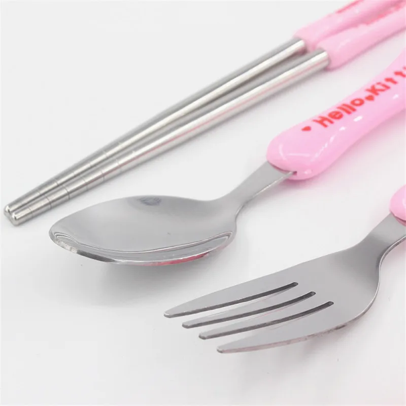 3PCS/Set Kawaii Cute Cat Stainless Steel Dinnerware Kitchen Supplies Chopsticks Utensil Flatware Spoon Fork For Kids Children