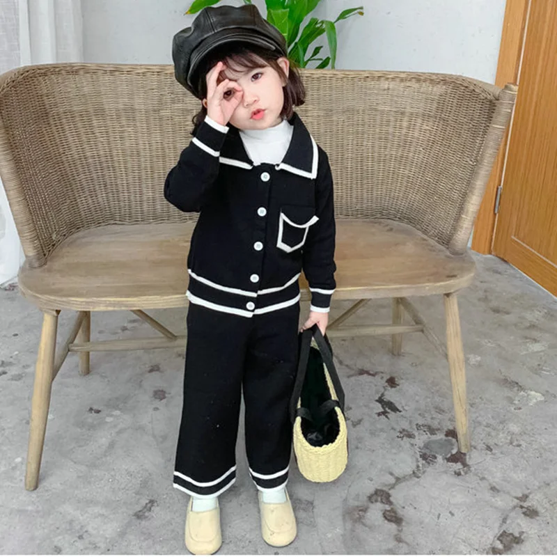 

Mihkalev Black color girls autumn winter clothes 2019 kids clothes girl knitting clothing set coat+pants 2pecs child tracksuit