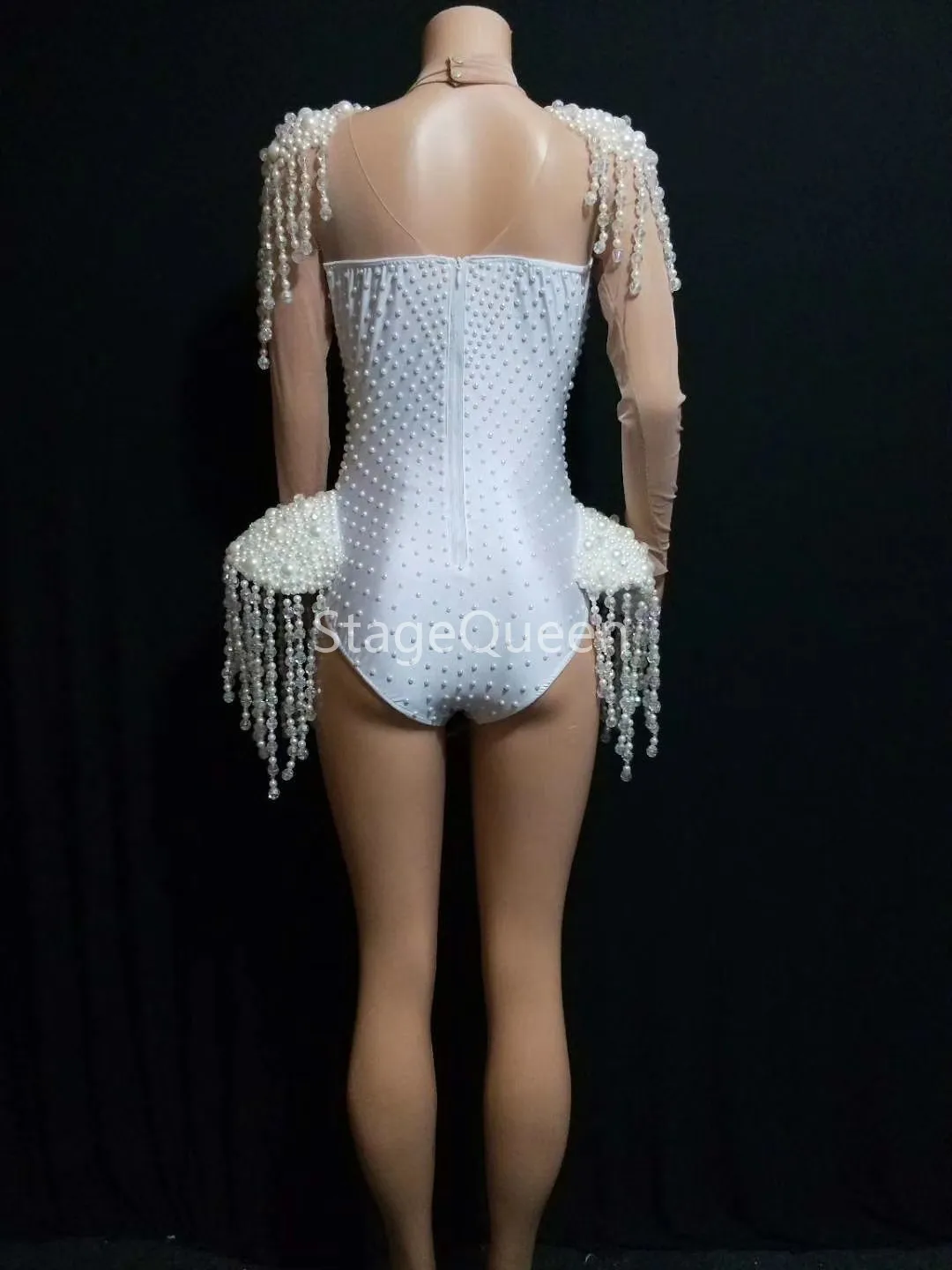 Ночной клуб сексуальный сценический белый жемчуг трико Женская Одежда для танцев Выпускной праздничный наряд бар вечерняя Женская одежда для танцоров DS dj комбинация