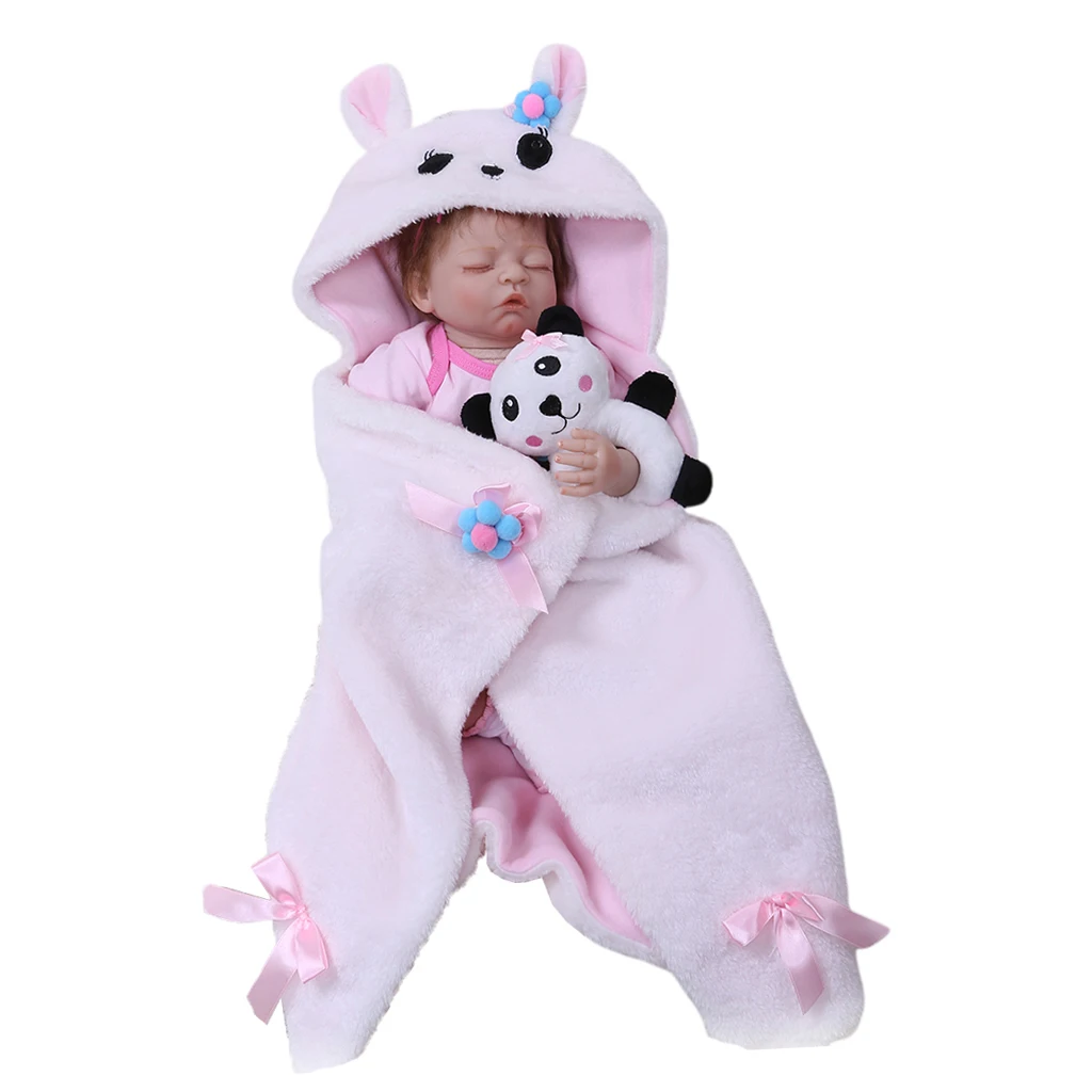 

Soft Silicone 20 Inch Reborn Doll (Cloth Body) Fake Toddler Dress in Pink Rompers - with Plush Blanket & Mini Panda Toy