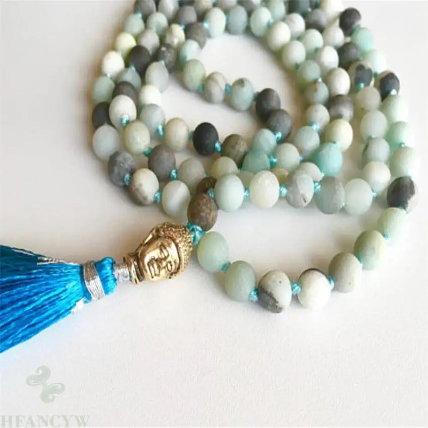 

8MM Natural Amazonite Gemstone Tassel Mala necklaces 108 Beads spirituality Fancy pray yoga Handmade Bless Meditation Chakas