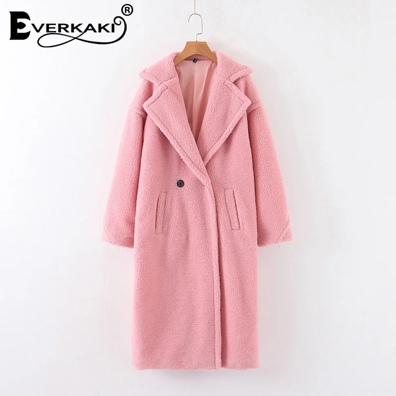 Everkaki Boho зимние куртки из искусственного овечьей шерсти, пальто для женщин, плюшевое пальто, однотонный длинный кардиган-пончо с карманами, Женская куртка, новинка - Цвет: Pink