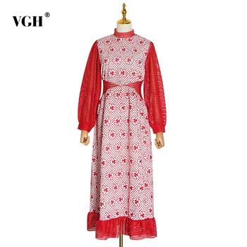 

VGH Patchwork Mesh Hollow Out Dresses For Female Stand Collar Lantern Long Sleeve High Waist Loose Dress Women Clothing