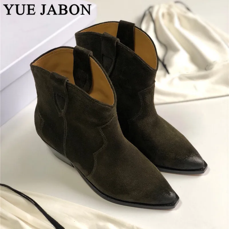 Yue jabon/Замшевые женские ботильоны; женская обувь без застежки на не сужающемся книзу массивном каблуке средней высоты; женская обувь; пикантные ботильоны из натуральной кожи
