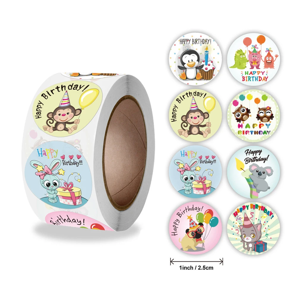 

500pcs/roll 2.5cm Cartoon Animal Happy Birthday Cute Stickers Childrens Birthday Party Decorations Greeting Card Labels