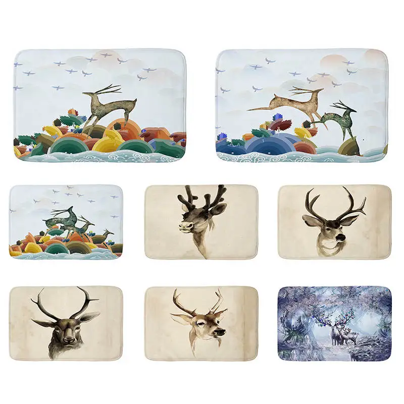 cheap Elk Theme printed Flannel Floor Mat Anti Slip Tapete Floor Mats Rugs for Kitchen Bathroom Doormat welcome mats for front door