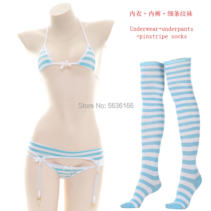 Lingerie sexy giapponese Lolita Kawaii Blu Rosa Bianco a strisce Mini bikini Cosplay per adulti Costumi erotici Reggiseno da donna_voghion.com
