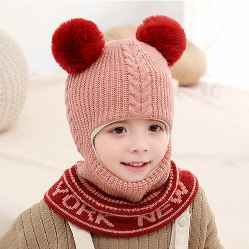 Зимняя шапка шлем детская с помпоном зимний снуд шапки для маленьких девочек и мальчиков шапка с теплой флисовой подкладкой шапки для детей HT19029 - Цвет: pink