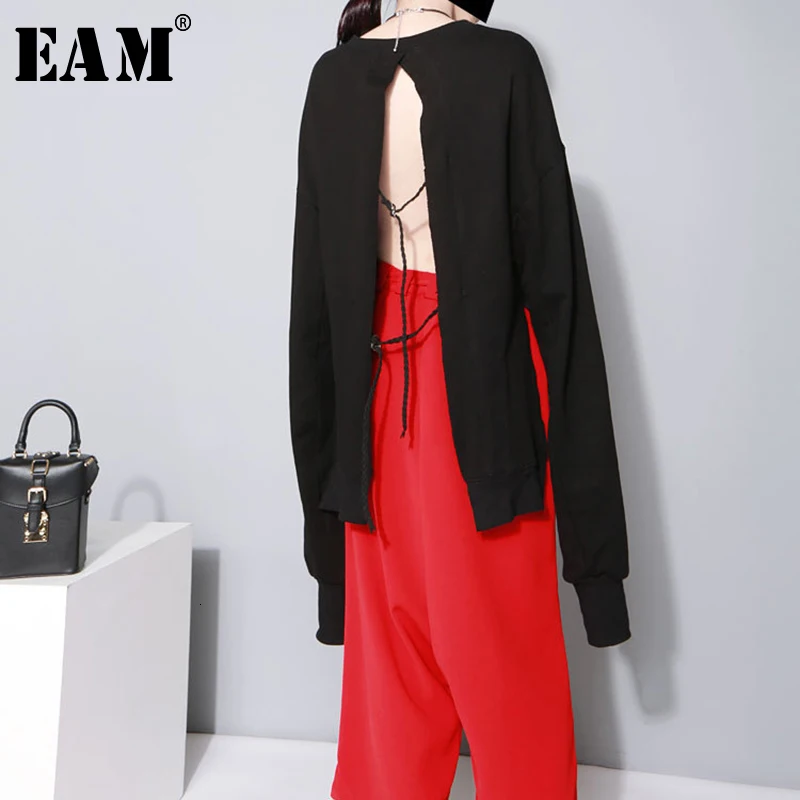 

[EAM] 2019 New Autumn Winter Round Neck Long Sleeve Black Back Bandage Hollow Out Big Size Sweatshirt Women Fashion Tide JO2840