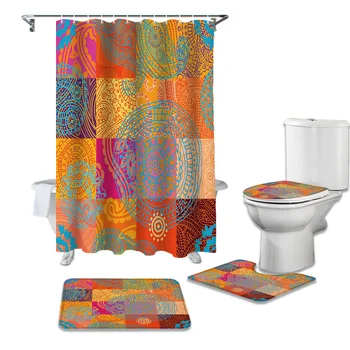 

Orange Squares Circle Abstract Art Shower Curtains Set Bath Mat Set Toilet Cover Waterproof Bathroom Shower Curtain and Rug Sets