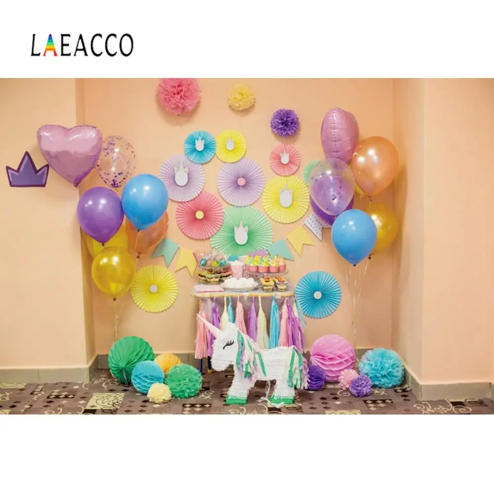 Laeacco Unicorn Birthday Party Balloons Floral Flowers Warm Decor Baby Photo Backgrounds For Photography Backdrops Studio | Электроника