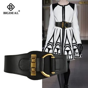

New Vintage Gold Semi-circular Buckle Wide Belt Female Cowskin Genuine Leather Waist Belts for Women Strap Girdle Dress Coat