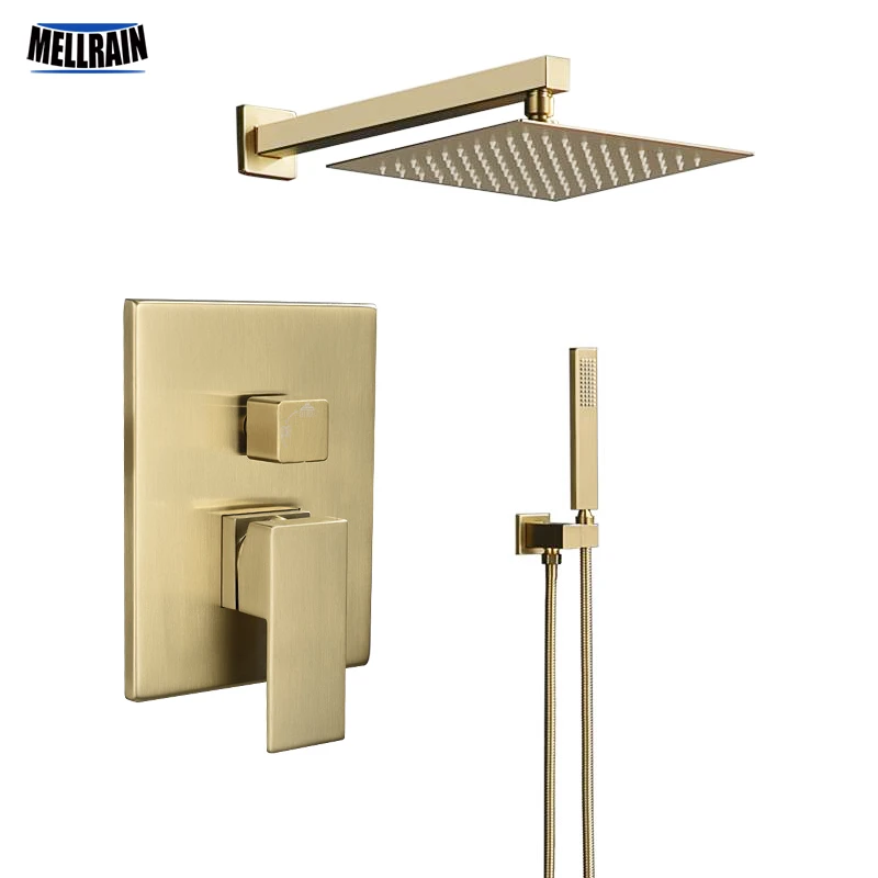 Brushed Gold Bathroom Shower Set Square Style Wall Mount Bath Shower