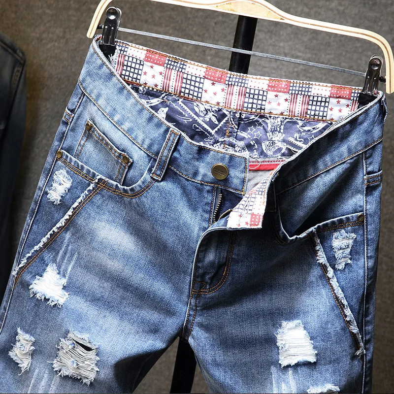 Новинка, летние мужские Стрейчевые короткие джинсы с дырками, модные повседневные облегающие Высококачественные эластичные джинсовые шорты, Мужская брендовая одежда