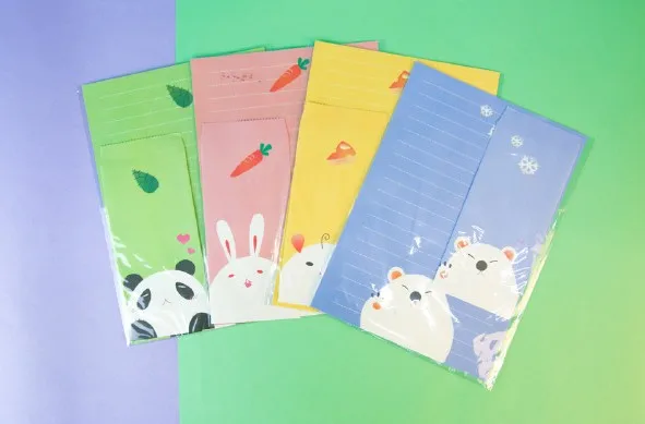 9Pcs/Pack Kawaii Cartoon Collection Animals Envelopes Four Design with Letter 6 Pcs Letter+ 3 Pcs Writing Paper Set
