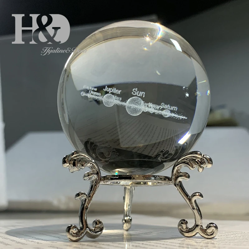 H&D 60 мм 3D шар лазерный хрустальный шар с гравировкой стекло художественное ремесло миниатюрная Сфера домашний Декор Аксессуары Рождественский подарок металлическая подставка - Цвет: Solar System