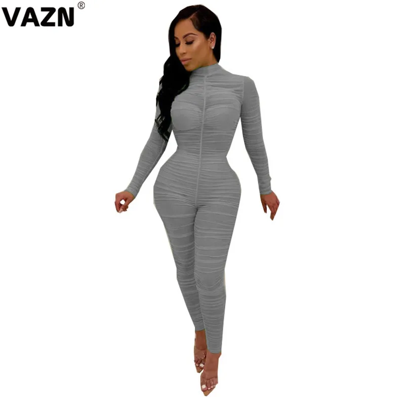 VAZN OMSJ01 Новые прозрачные сексуальные шифоновые однотонные Комбинезоны Платье-водолазка с длинными рукавами Высокая талия женские узкие длинные Комбинезоны - Цвет: Серый