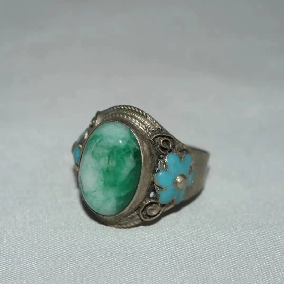 

Collection Chinese old Tibetan silver cloisonne inlaid greenstone jade ring