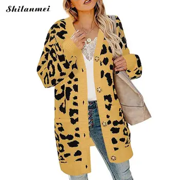 

Leopard Long Cardigan Sweater Autumn Winter Harajuku Knitted Women Cardigan Knitwear Streetwear Buttons Sweater Outerwear Coat