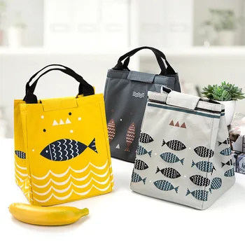 

Waterproof Fish Pattern Printed Tote Lunch Bag Reusable Yellow Thermal Food Picnic Lunch Bags for Men Women and Kid