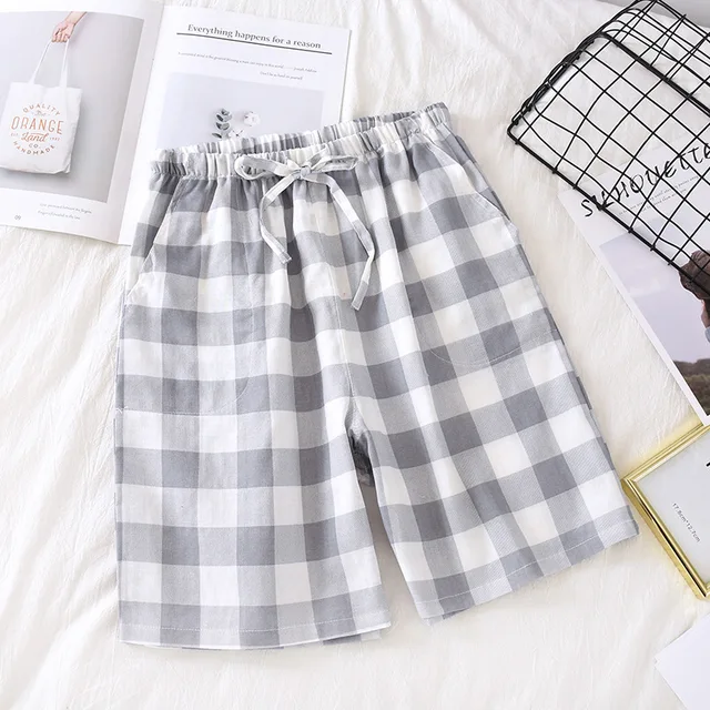 Couple pajamas summer cotton gauze shorts Japanese style simple elastic waist casual large size lattice men and women home pants Male gray big grid