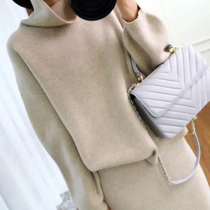 

2019 Autumn Women Knitted 2 Piece Set Long Sleeve Turtleneck Sweater Pencil Skirt Set Lady Knitting Skirt Suit