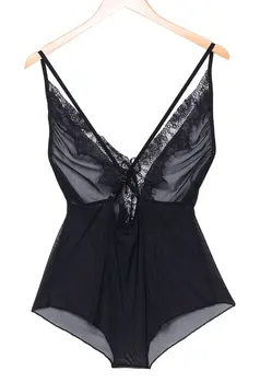 

2020 Plus Size S-2XL Sexy Women Black Lace Stain Intimate Sleepwear Deep V-Neck Back Crossfit One-Pieces Babydoll Nightwear Hot