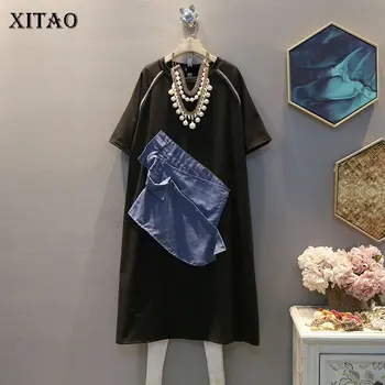 

XITAO Patchwork Women Dress Pullover 2020 Spring Short Sleeve Pleated Goddess Fan Minority Style Casual Loose Dress DMY3572